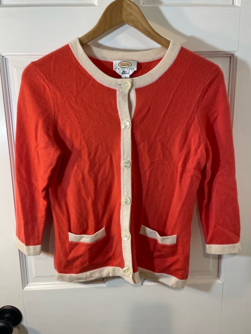 Talbot’s Coral & Cream Button-Front cashmere Cardigan size Small Petite